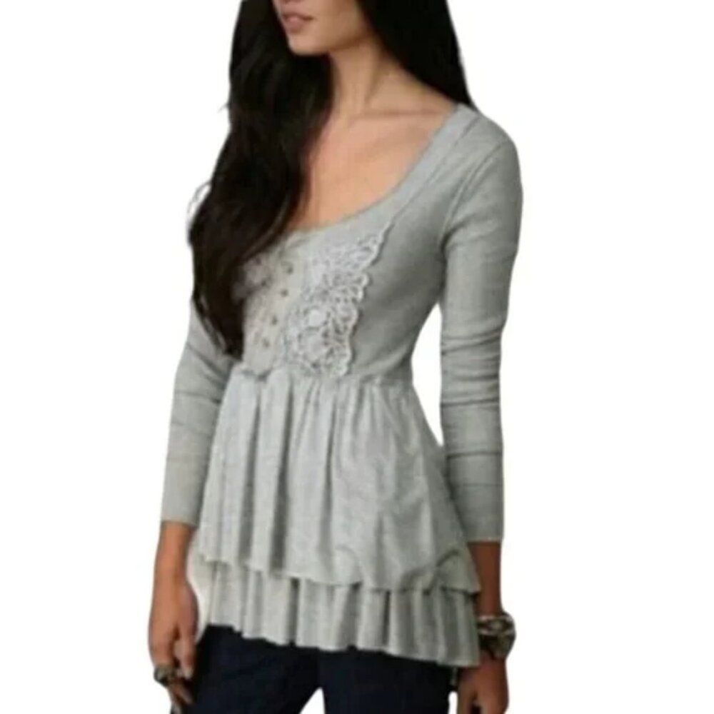 RARE Free People Black Babydoll Henley Waffle Thermal Top - Crochet detail - XS - Picture 5 of 8